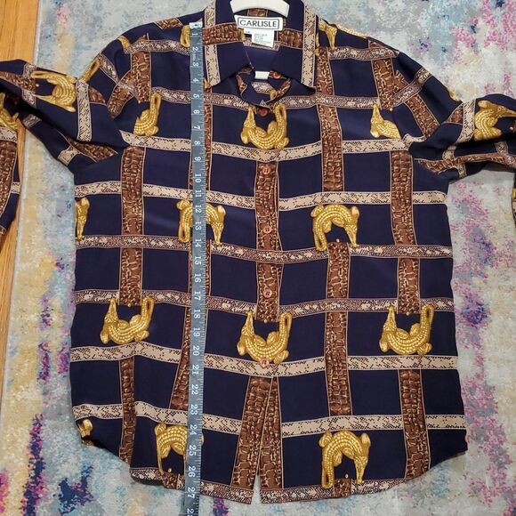 Vintage Carlisle 100% Silk Navy and Gold Alligator Patterned Shirt Size 10 - Picture 9 of 11